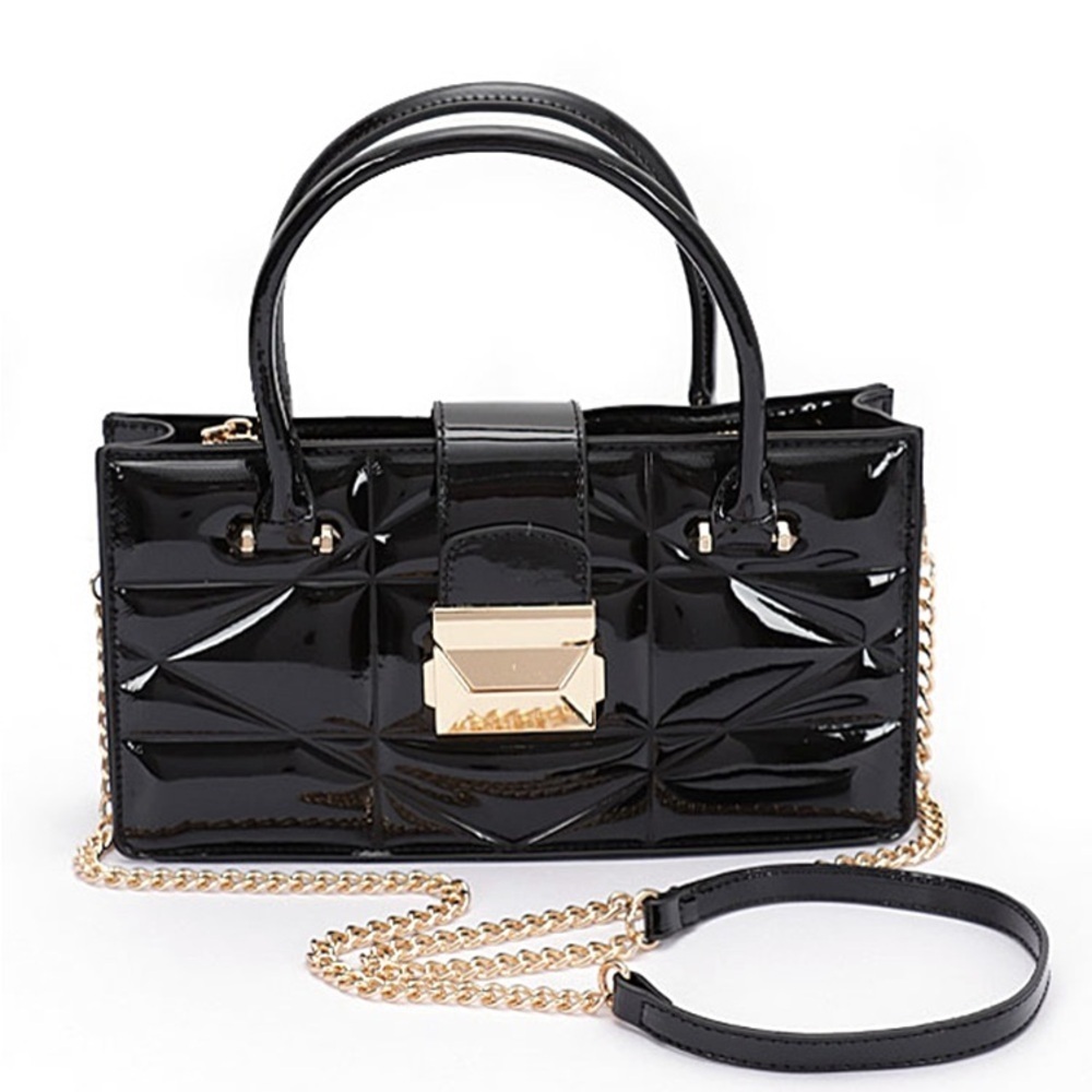 Black Faux Patent Leather Convertible Top Handle Swing Bag